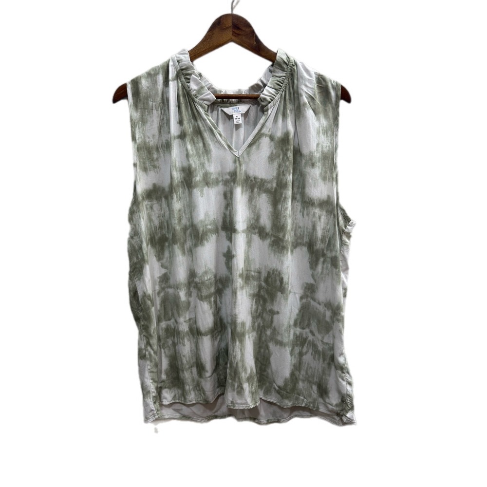 Time and Tru Tank Top Women XL Green Excellent Tie Dye Ruffle V-Neck Rayon